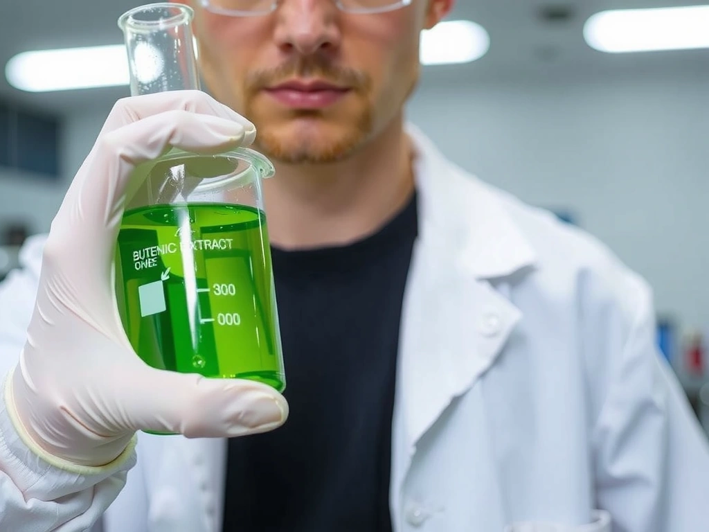 A scientist in a clean lab coat examining botanical extracts in beakers, symbolizing rigorous quality control and ingredient testing, no text.