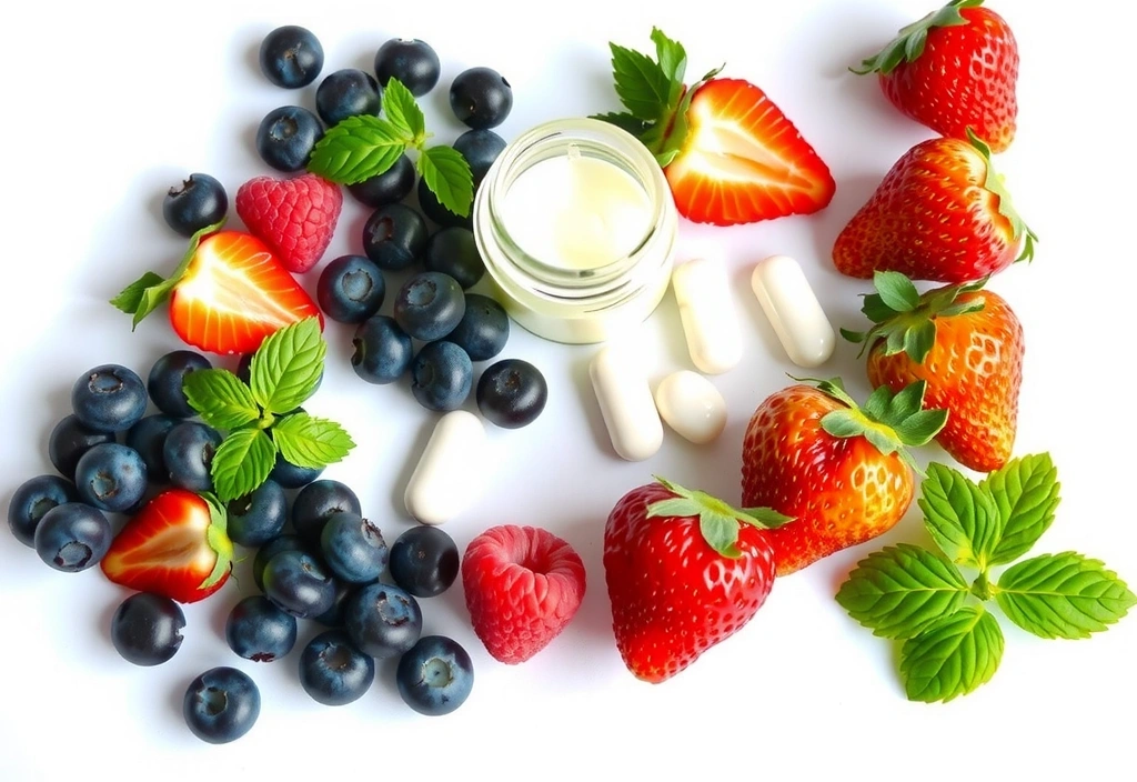 A variety of fresh, colorful berries and natural supplements, representing a healthy diet for glowing skin.