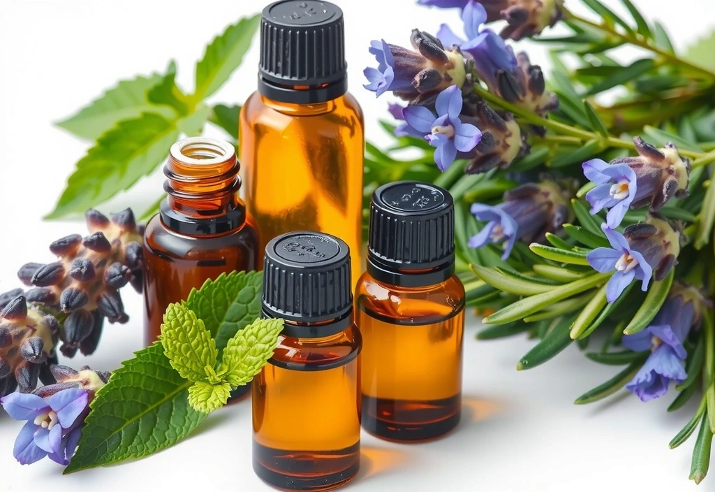 A close-up of various natural essential oils in amber bottles with fresh botanicals, suggesting aromatherapy benefits.
