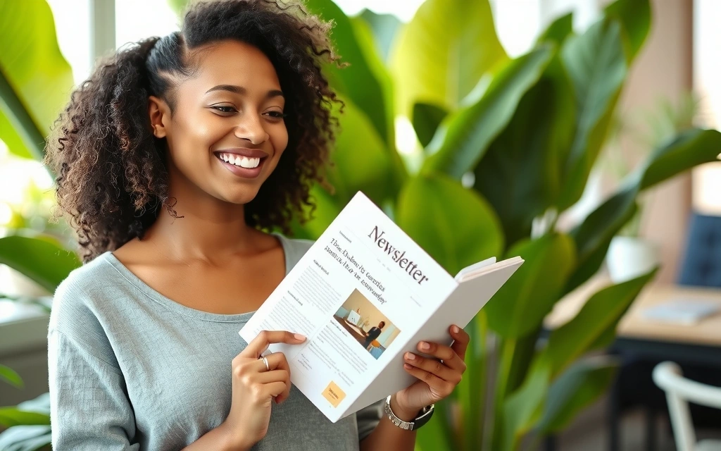A person happily receiving a newsletter on a tablet, surrounded by lush green plants and natural light, symbolizing fresh knowledge.