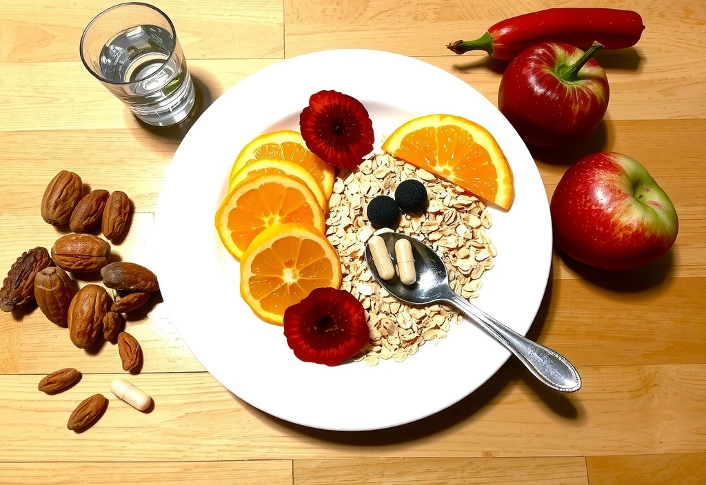 Healthy breakfast with supplements, representing balanced diet