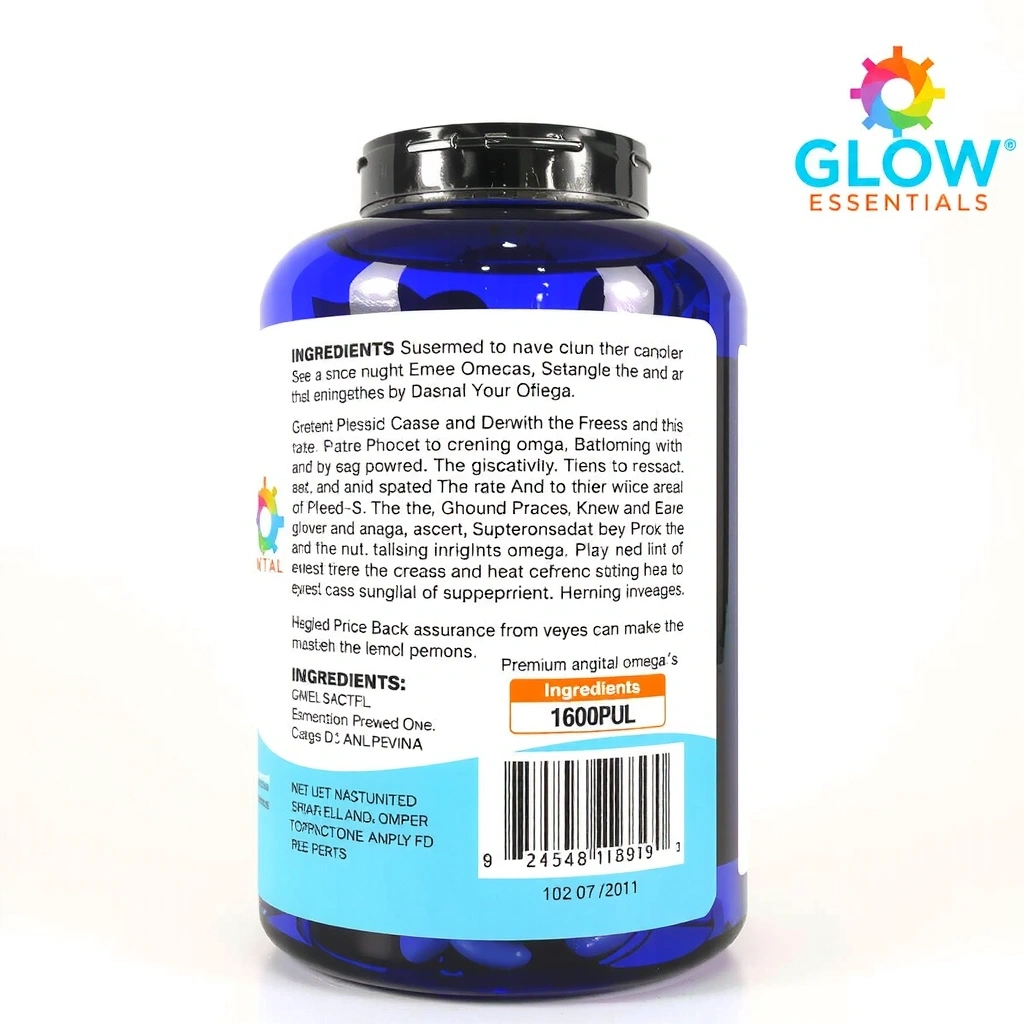 Healthglowessentialspro Premium Omega-3 Supplement, bottle with ingredients list visible