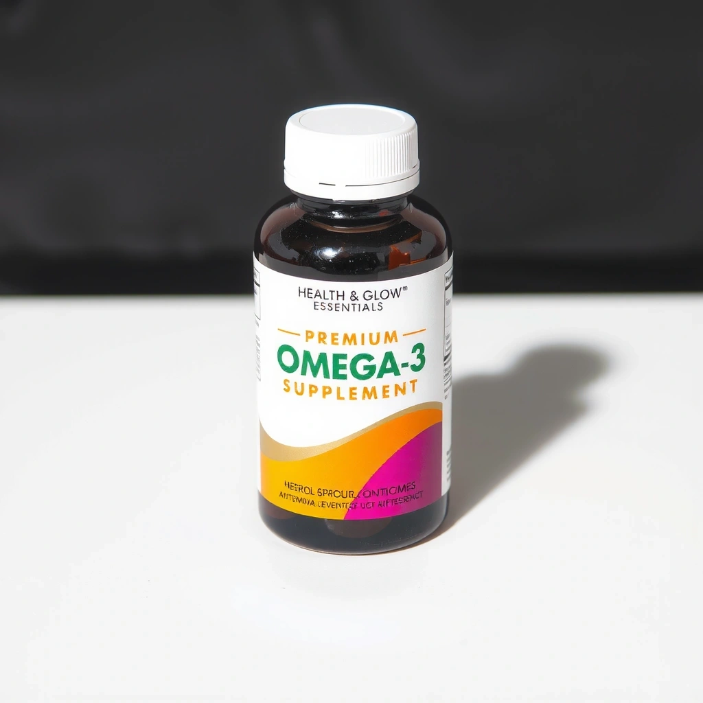 Healthglowessentialspro Premium Omega-3 Supplement bottle, front view, clear branding, vibrant colors