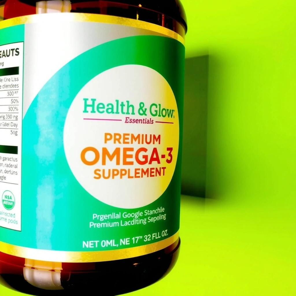 Healthglowessentialspro Premium Omega-3 Supplement, bottle from a slight angle, showing texture
